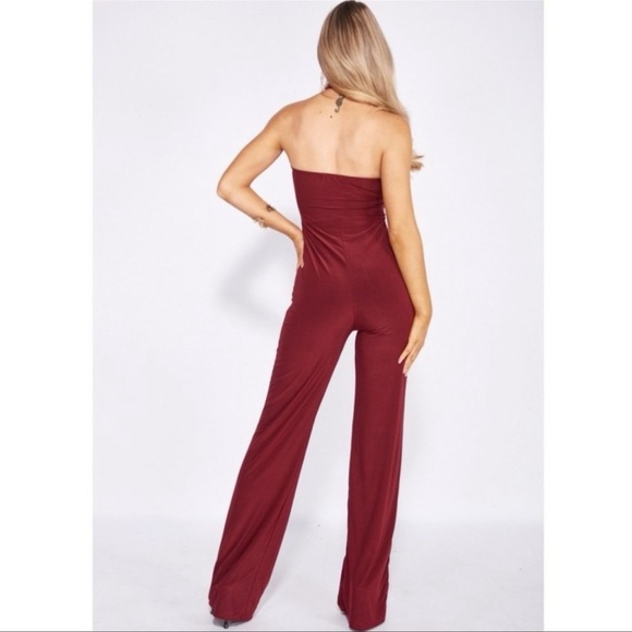 Burgundy Sleeveless Halter Neck Open Back Wide Leg Jumpsuit Playsuit - Picture 8 of 10